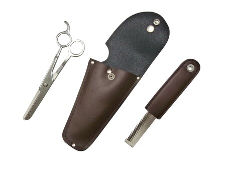 Thinning scissors and mane blade in a handy case.
